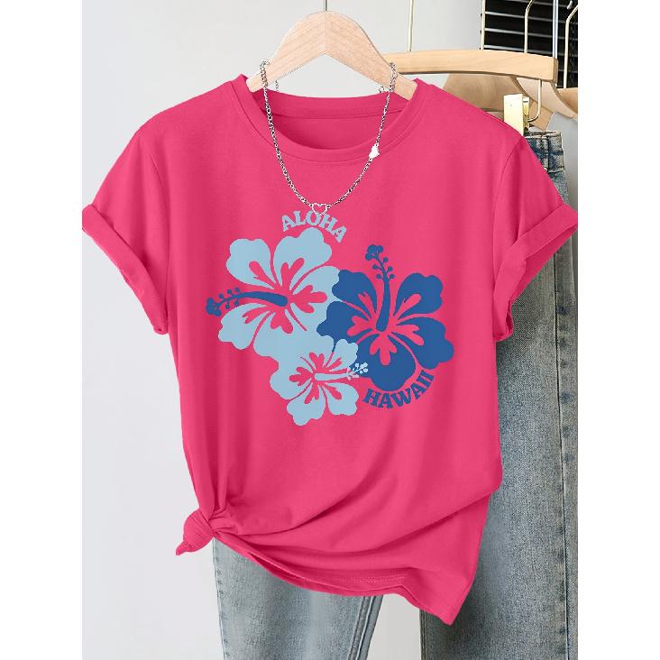 Hawaiian blue hibiscus flower print short-sleeve vintage round neck shirt T Fresh holiday-style loose-fitting shirt 2026 Elegant casual fashion for S