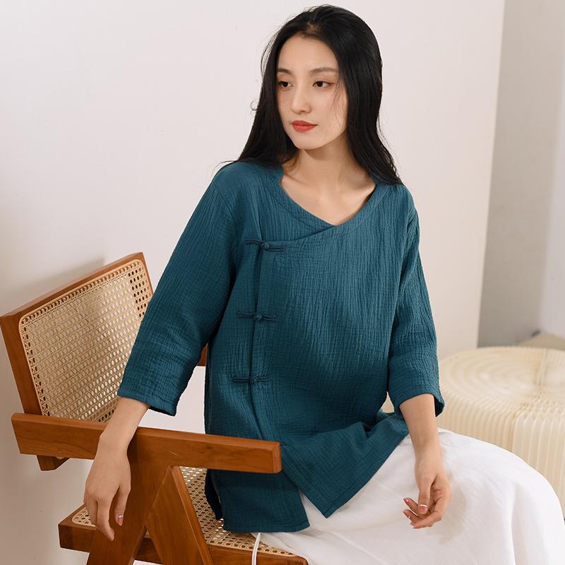 

Johnature женские хлопковые рубашки в китайском стиле, топы, однотонные блузки с v-образным вырезом и семью рукавами, летние рубашки на пуговицах L темно-синий