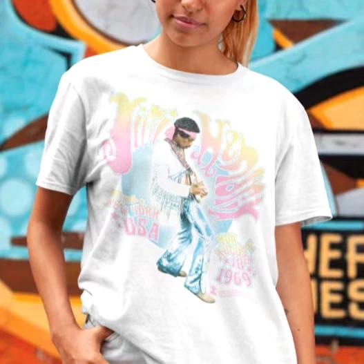 Jimi Hendrix Bethel NY 1969 Adult Unisex T-Shirt White Jimi with Guitar - New M