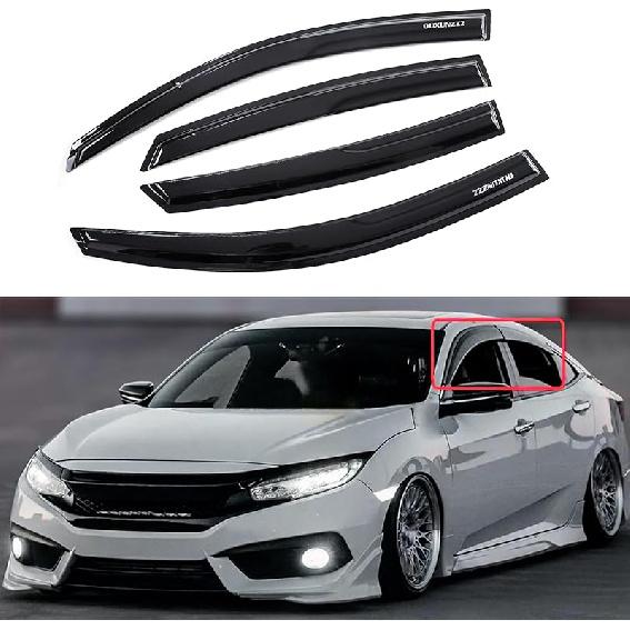 Rain Guards Side Window Visor Vent Outside Mount, 4PCS Fits For Honda Civic 4 Door Sedan 2016 2017 2018 Model Only