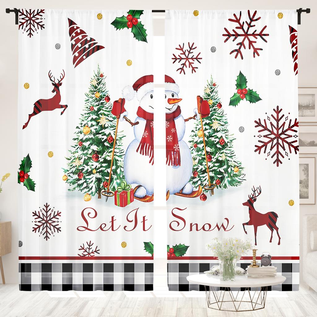 2 Stück, Weihnachtsbäumchen Schneemann Schneeflocken Vorhänge -30% Verdunkelung - geeignet für Wohnzimmer, Schlafzimmer, Küche, Heimdekoration