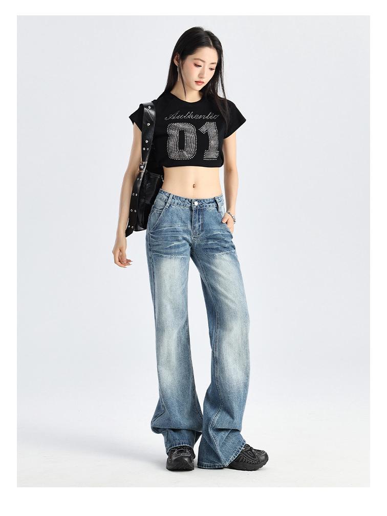 Blugi retro evazați cu talie joasă pentru femei - Colecția Primăvară/Toamnă 2025, Croială versatilă lejeră, Picior drept, Lungime până la podea.