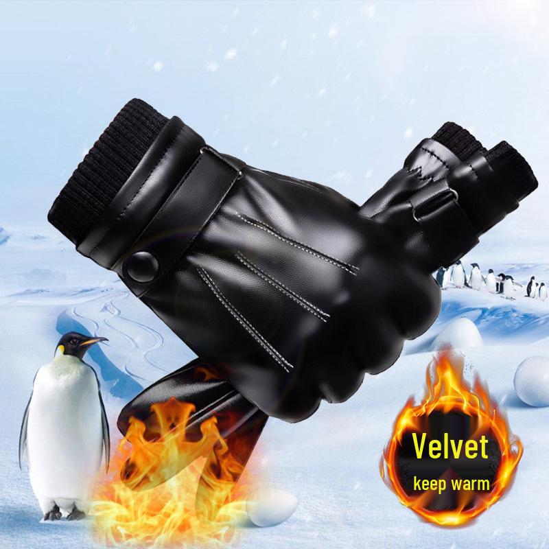 Men's Fleece-Lined Touchscreen Gloves for Winter Cycling & Skiing - Ribbed Leather, Cold Protection