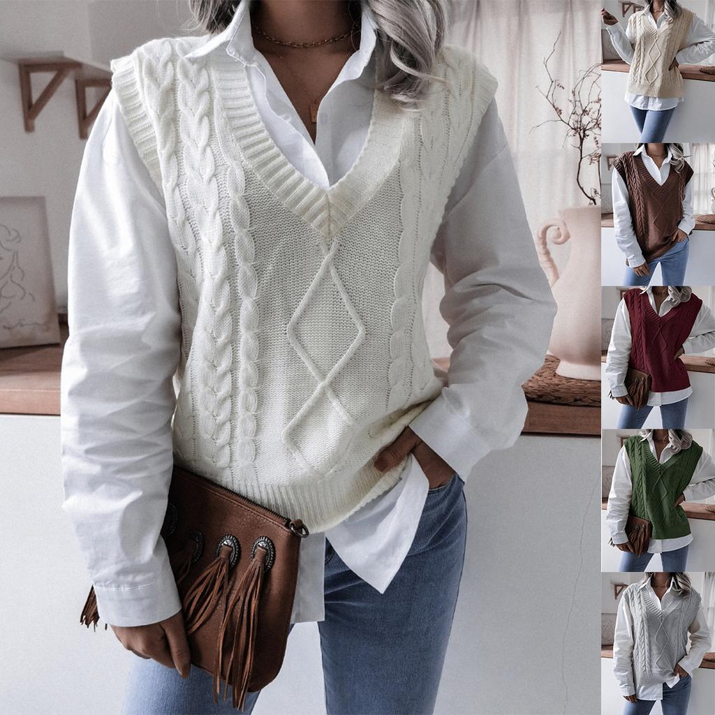 Gilet lavorato a maglia da donna con scollo a V senza maniche vestibilità larga streetwear tinta unita trecce rombi maglione da indossare a strati gilet maglione