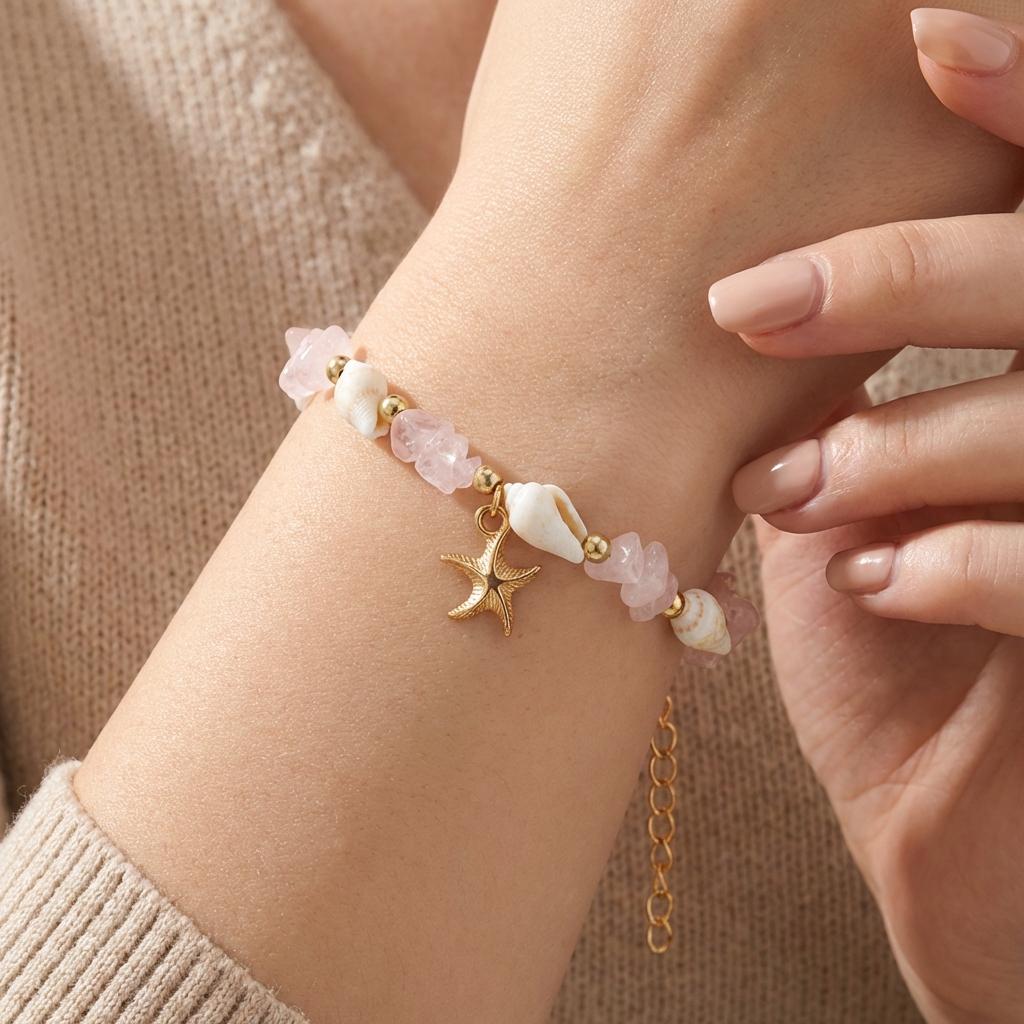 Handmade Gravel Starfish Pendant Bracelet for Women Girls Bohemian Elegant Crushed Stone Beaded Bracelet Summer Beach Jewelry