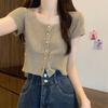 Short Ice Silk Knitted Short Sleeve T-shirt for Women Summer Round Neck Thin Hollow Open Slim Fit Short Shoulder Top