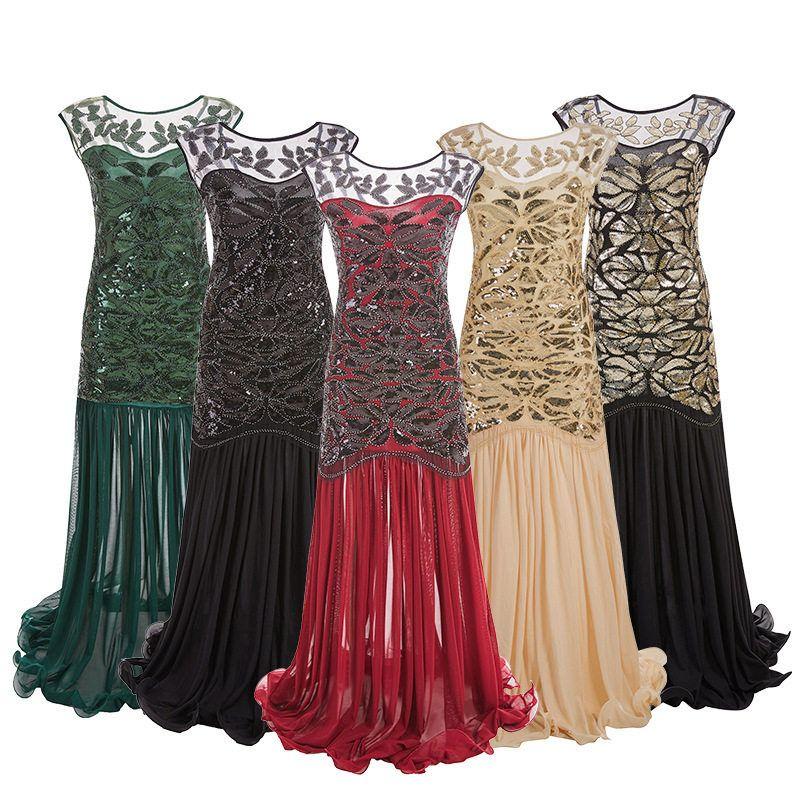 1920S Vintage Evening Gown with Sequins, Beading, Mesh, and Ruffled Hem, Floor-Length Dress