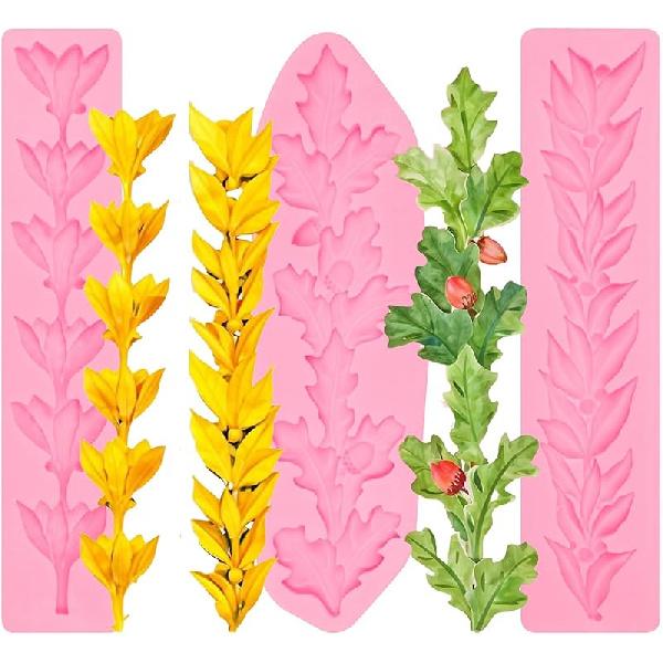 Rose Leaves Silicone Mold Set, 5 Pieces, Pink Fondant Molds for Cake Decorating