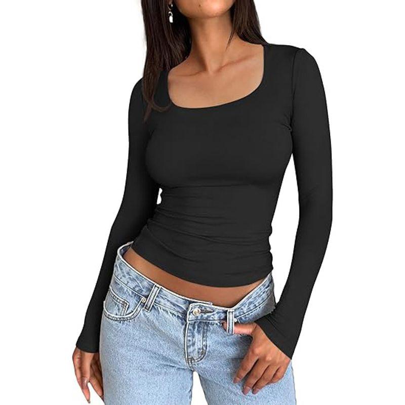 

Solid Color Square Neck Long Sleeved Top Women s Pure Color Square Collar Long Sleeve Tops Black XL