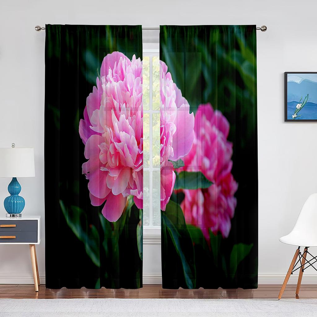 Tüllvorhänge mit rosa Pfingstrose und grünen Blättern für Wohnzimmer, Heimdekoration, Fenstervorhang, Küche, transparenter Voile-Vorhang