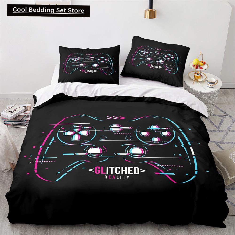 Game King Queen Duvet Cover 3D Black Game Handle Bedding Set for Kids Teens Boys Man Gamer Bedroom Decor Quilt Cover Pillowcase
