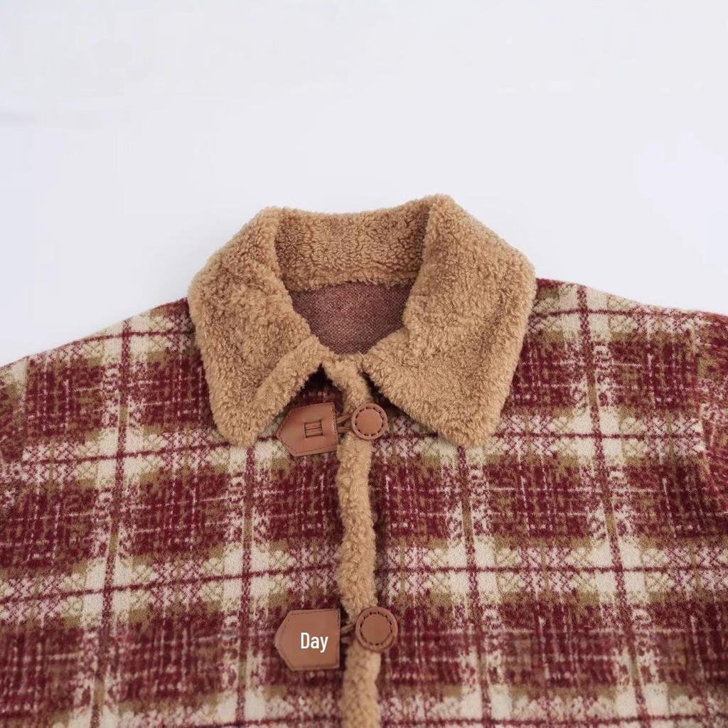 2024 Autumn Women's European & American Plaid Knit Cardigan with Lambswool Collar & Cuffs
