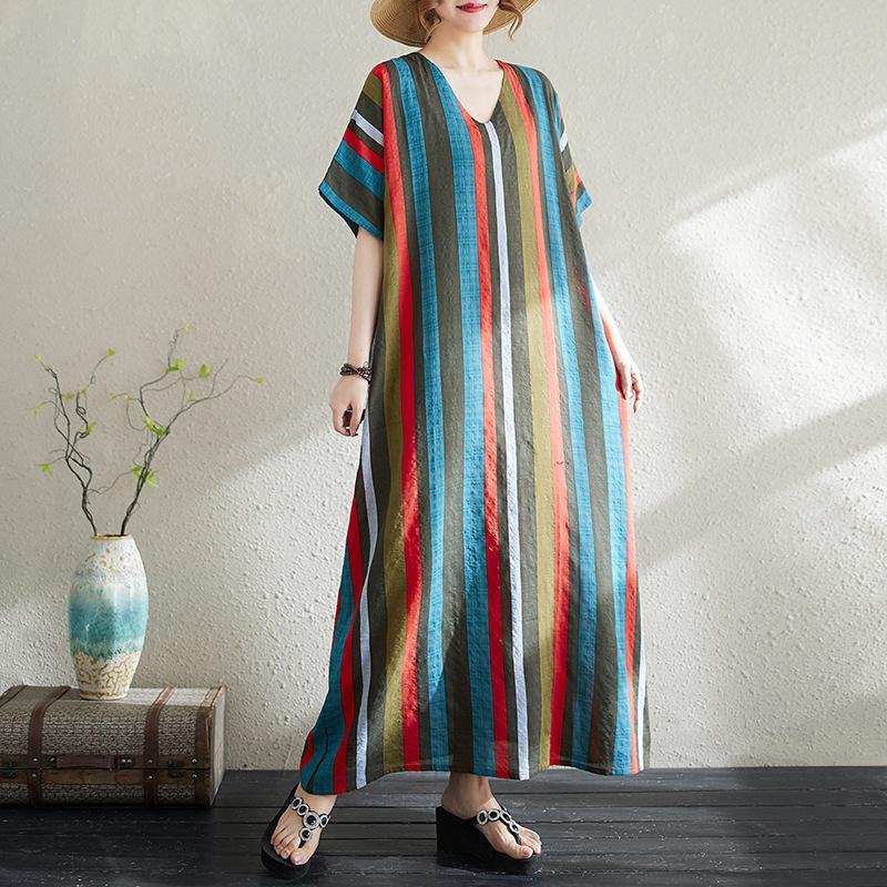 Summer Thin Cotton Linen Print V-neck Loose Oversized Simple Casual Vacation Style Medium Long Dress for Women Dresses