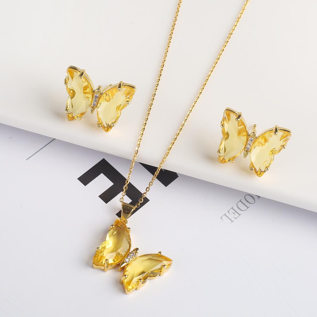 2PC Crystal Transparent Butterfly Pendant Necklace Earrings Jewelry Set Women's Luxury Gold Plated High Quality Gift