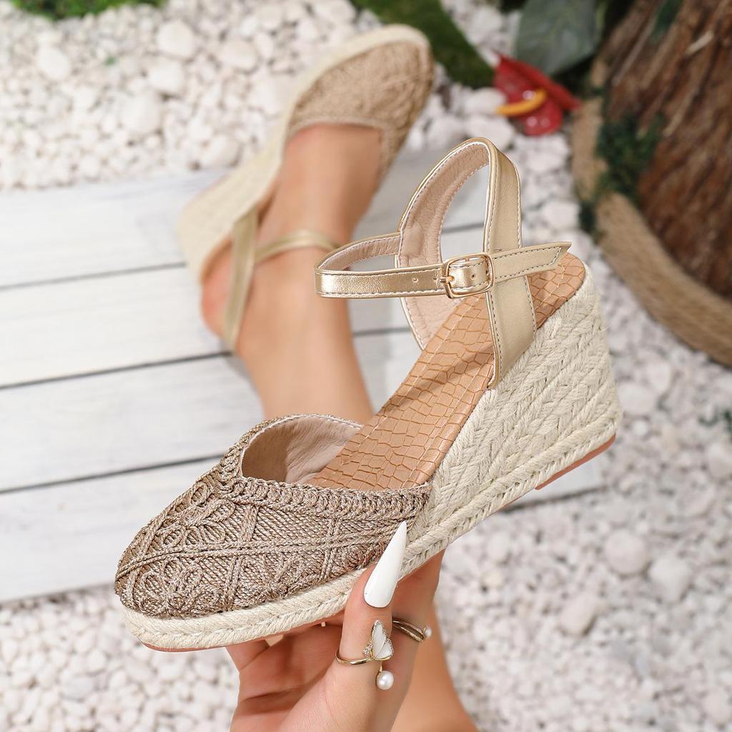 2026 Women's Hand-Woven Closed-Toe Wedge Sandals – Breathable, Comfortable High Heels