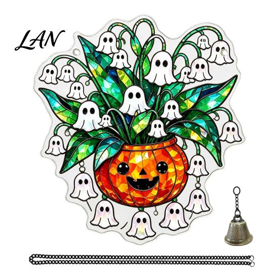 Pumpkin Party Decor Halloween Acrylic Hanging Decoration, Cartoon Ghost Ornament with Bell Bell, Suncatcher for Indoor Outdoor Holiday Ornaments