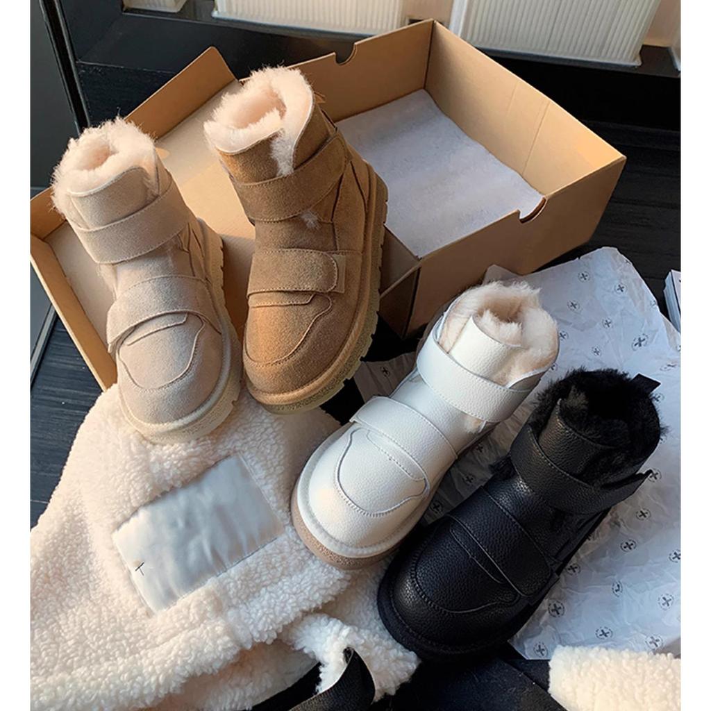 Schneestiefel Damen Kuhvelours Fellig Einfarbig Runde Zehe Klettverschluss Flach Winter Damen Schuhe
