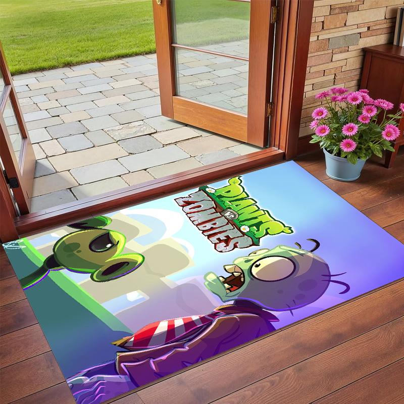Anti‑Slip Crystal Velvet Floor Rug, Plants vs. Zombies Design Carpet for Indoor Living Bedroom Home Decoration