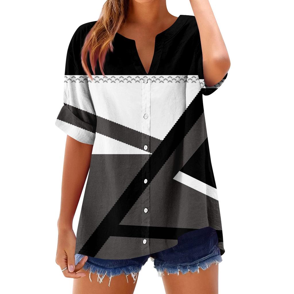 Women's loose printed stand collar short-sleeved cotton and linen top