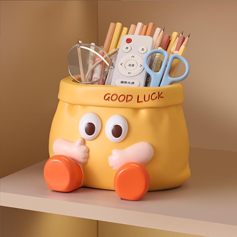 Good Luck  Resin Desk Organizer with Cute Face ,Multi-Compartment Pencil Holder, Scissors ,Eyeglasses Storage, Vibrant Yellow with Red Accents