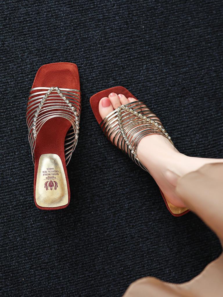 6Cm~ Special-shaped Heel French Retro Temperament Thin Band Wedge Heel High Heels Not Tired Feet Beautiful Roman Cool Slippers Women's Summer