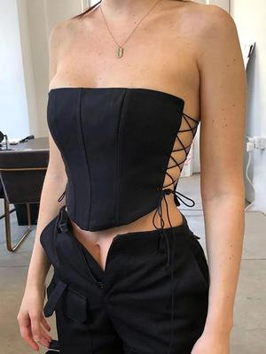 Damen Sommer Schnür-Off-Shoulder-Top Crop-Tops für Damen Schwarz Ärmelloses Westentop Damen Korsett-Tops