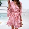 Women Summer Floral Print Dress Casual Street Elegant Flying Sleeve V Neck Dress