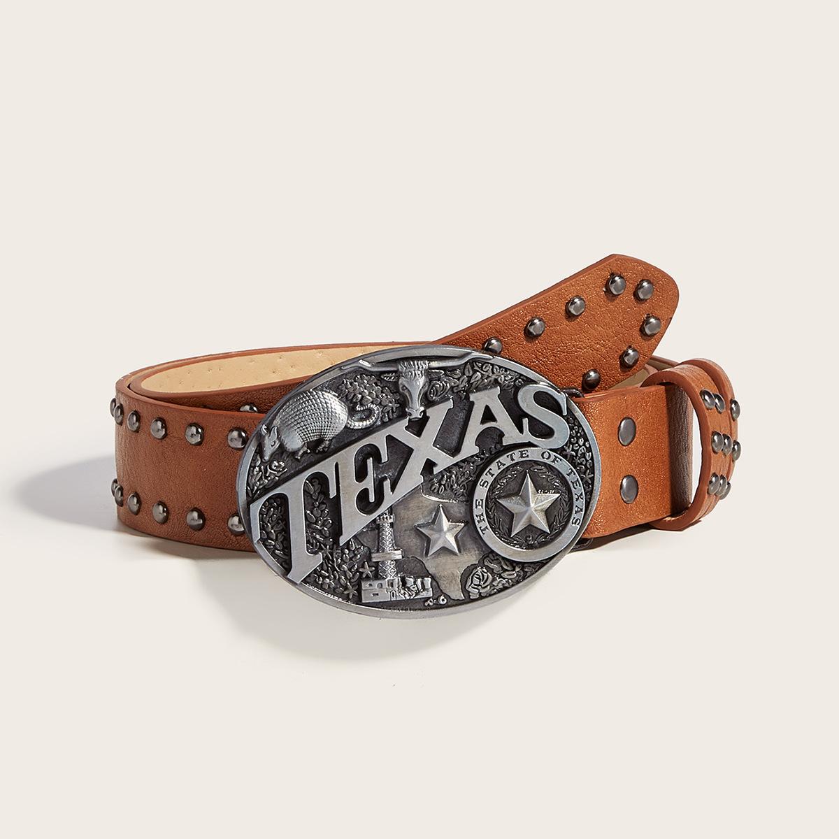 

Hot Selling Trend Letter Belt Fashionable Personality Willow Nail Youth Belt Punk Buckle Casual Versatile Pants Belt 105CM світло-коричневого кольору