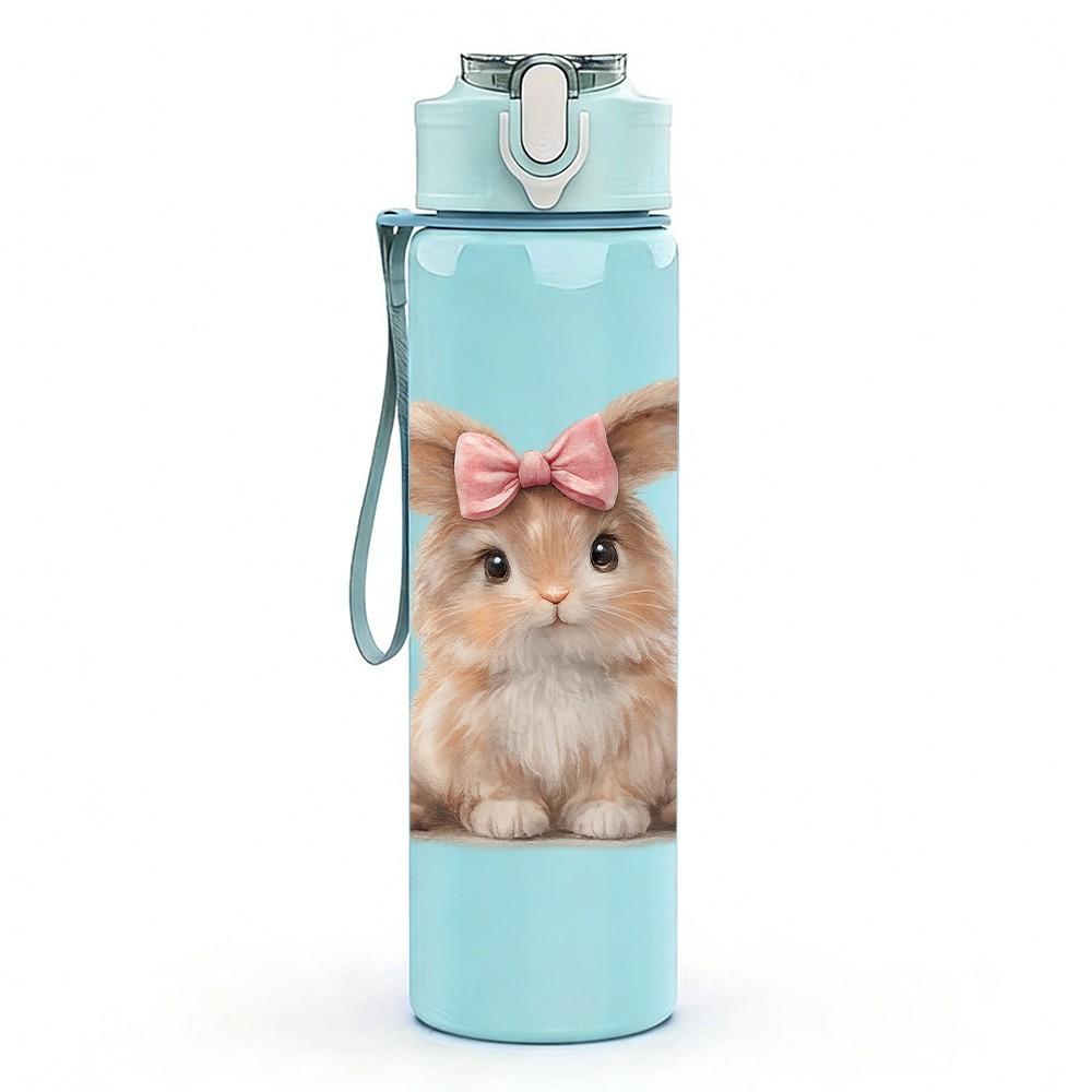1PC Bow Ear Brown Bunny Animal Print 750ml Color Plastic Sports Water Bottle Leakproof Flip Straw Lid Suitable for Sports Office Home Use