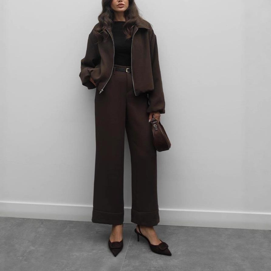 2025 Cross-border European and American Women's Clothing Amazon V-neck Long-sleeved Lapel Zipper Casual Pants Straight Versatile Set