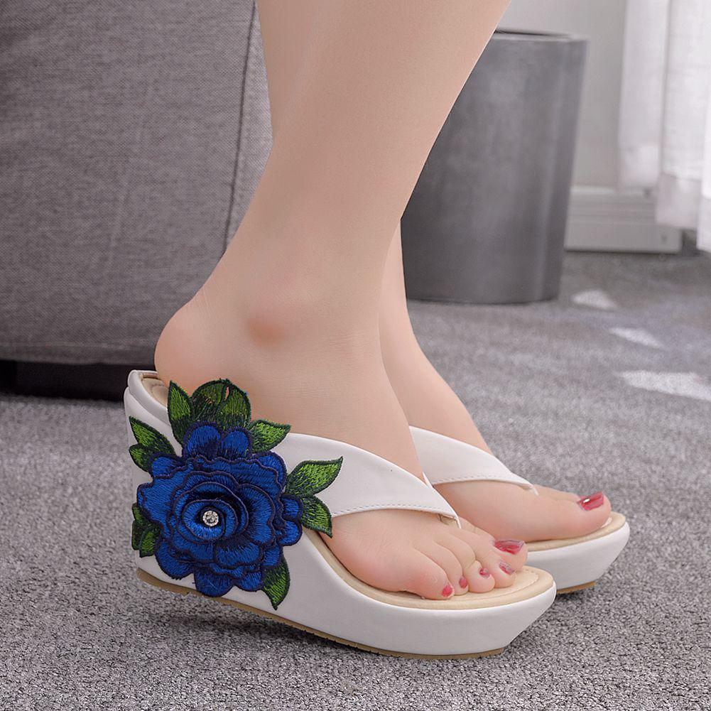 

Fashion Bohemia Women Embroidery Flipflops Super High Heel Platform Shoes Ladies Wedges Sandals Floral Slippers Female Trip Beach Slides 33