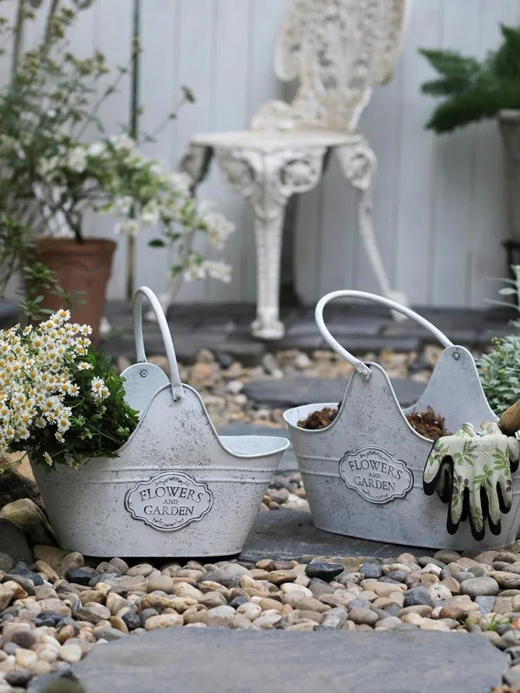 Metal Ironwork Flower Basket Home Furnishings Courtyard Tool Storage Hanging Basket Garden Balcony European Retro Style Decorate