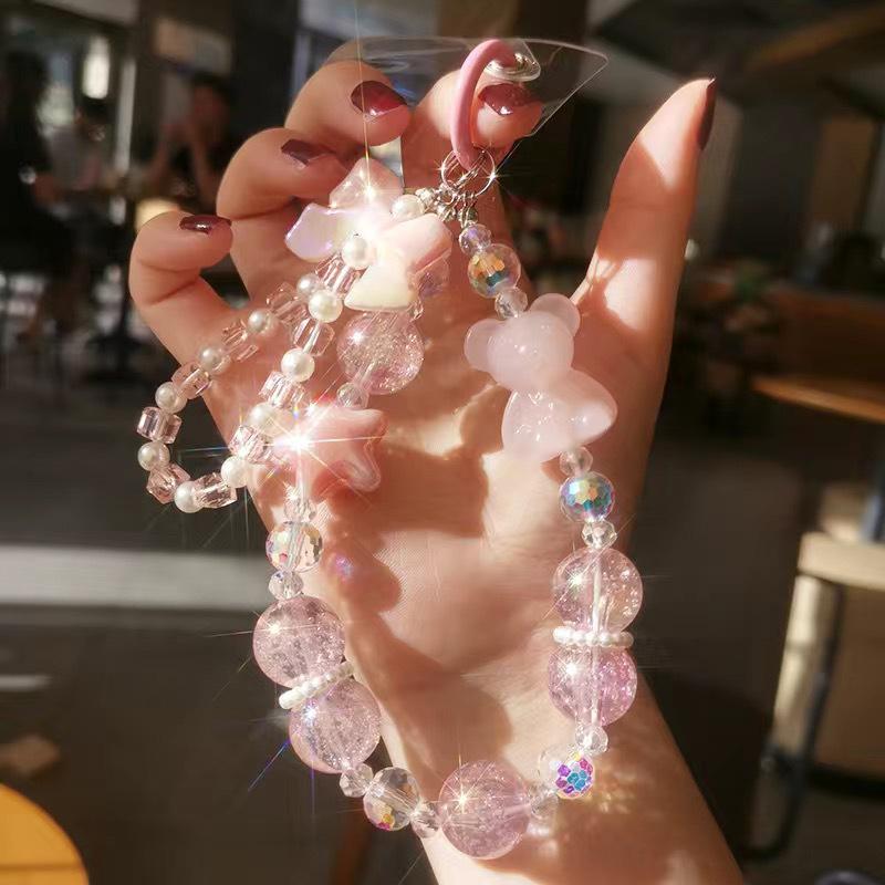 

Ремешок для мобильного телефона на запястье с разноцветными бусинами в виде медведя и пяти звезд, женский ручной брелок с двойной цепочкой, короткий, с защитой от потери розовый