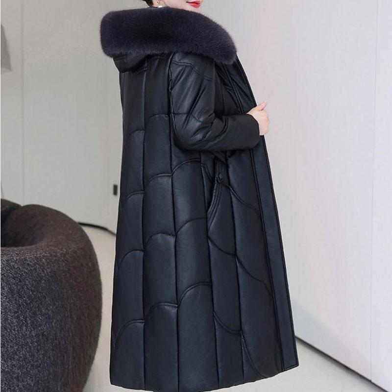 Winter Women's Genuine Leather Jacket Over-the-Knee Long Sheepskin Padded Coat Thickened Windproof Warm Camel Wool Coat