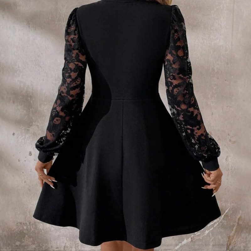 Dámské módní společenské šaty Elegantní černé krajkové rukávy A-line šaty Dlouhý rukáv Formální koktejlové šaty