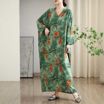 Real Shot Early Autumn New Color Vacation Style Travel V-neck Retro Long Dress Covering Meat Cotton and Linen Dress