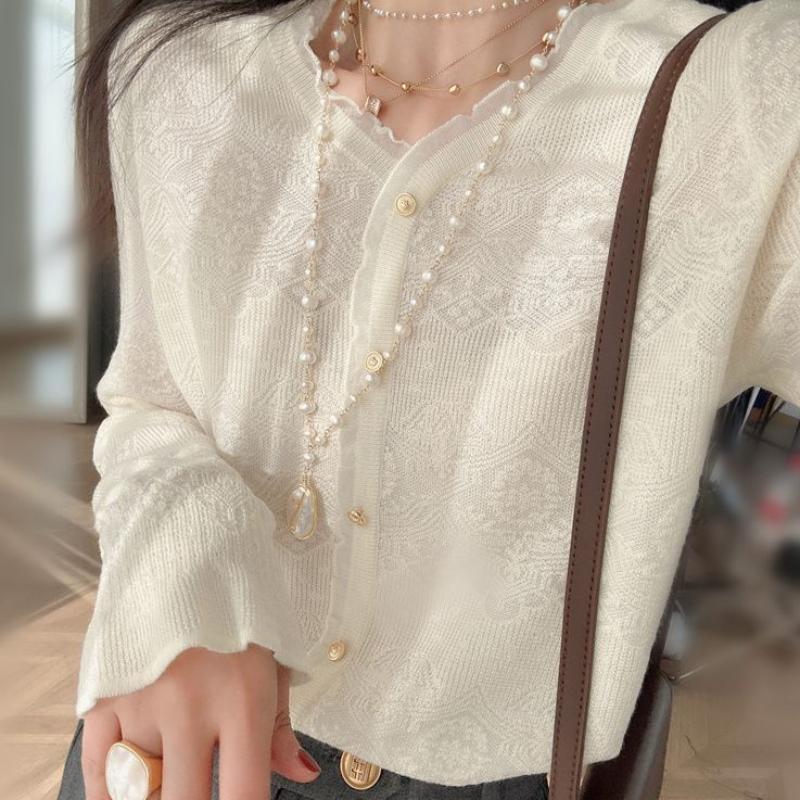 Spring and Autumn French Lace Knit Cardigan V-neck Temperament Lace Sun Protection Long Sleeved Top for Women