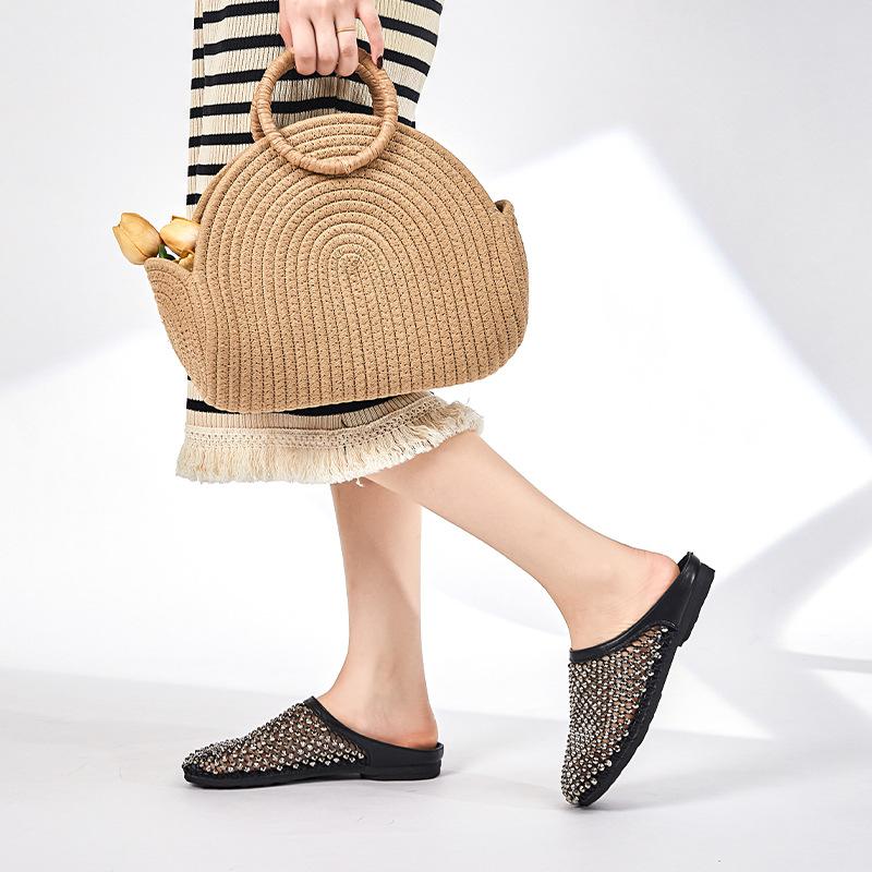 2025 Summer New Flat-bottomed Bag Head Half Slippers Women's Golden Fishing Net Full of Diamonds Hollow Sandals Wear Light Single Shoes