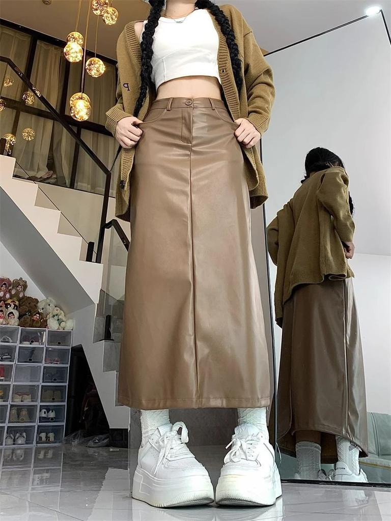 Retro pu leather skirt skirt women's large size fat mm autumn and winter new hip skirt high waist and thin meat-covering split skirt