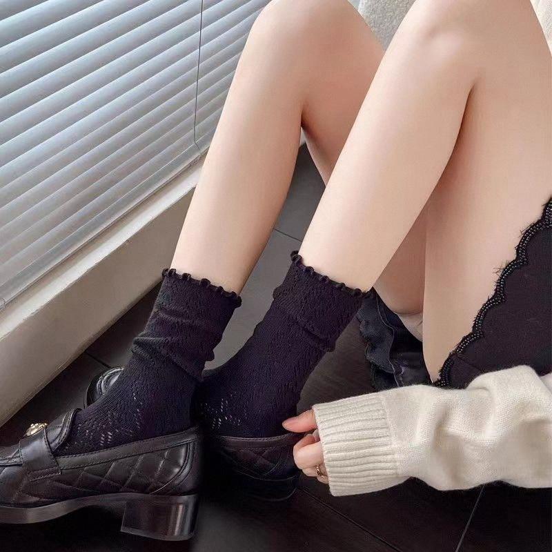 1 Paar Damen Dünne Aushöhlen Lange Lose Socken JK Lolita Süße Mädchen Japanische Einfarbig Atmungsaktive Baumwolle Frühling Sommer Strumpf