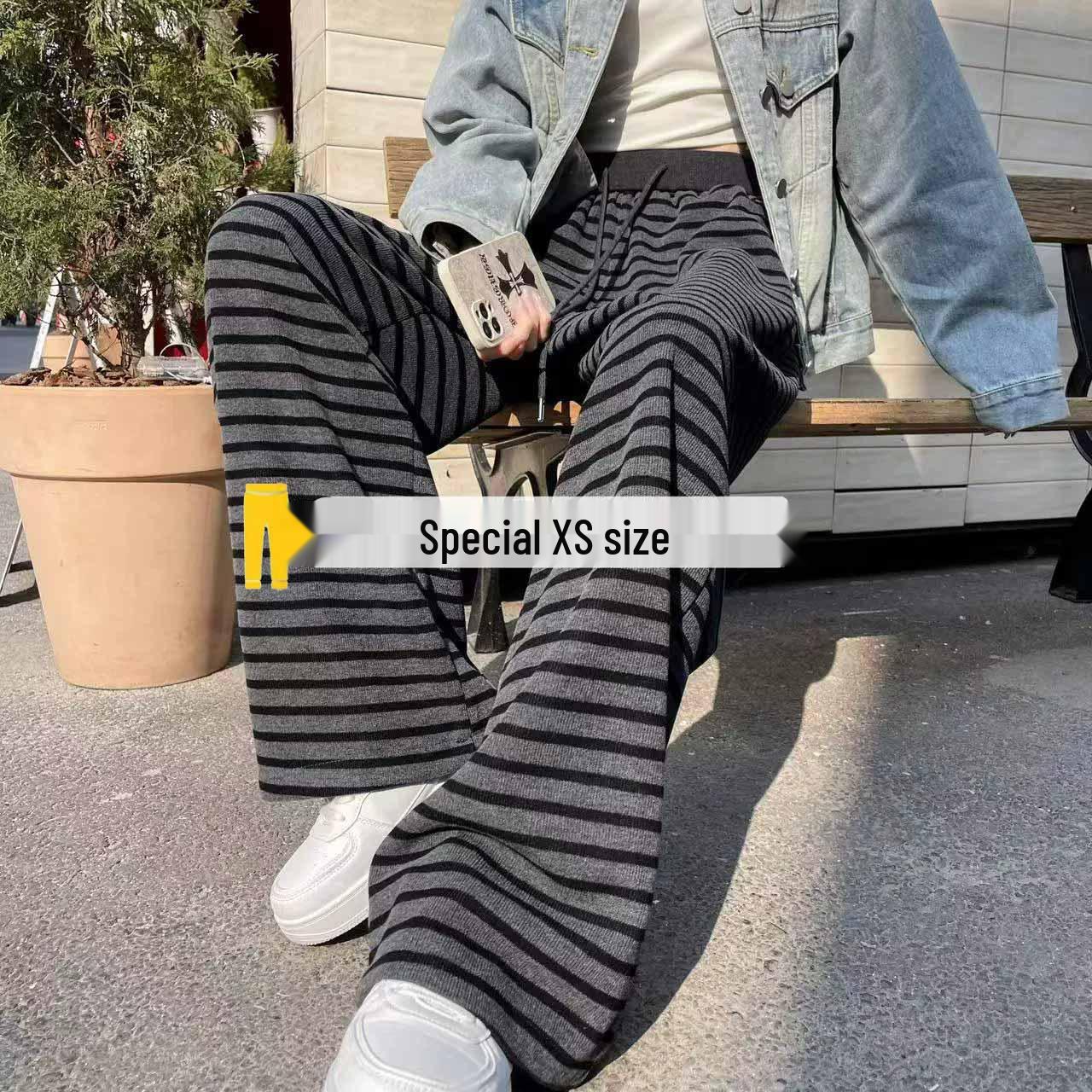 

Women s Petite Black & White Striped Wide-Leg Pants - High-Waisted, Loose, Floor-Length, Knitted for Spring & Autumn S (80-95 lbs)