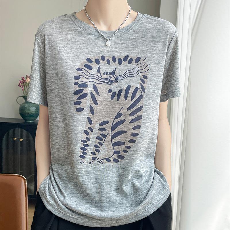 Summer Lyocell Ladies Crew Neck Loose Print T-Shirt Casual Short Sleeve Versatile Top