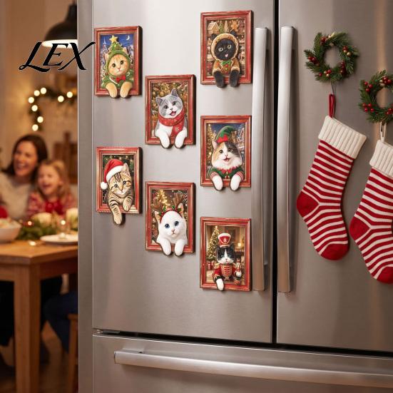 Christmas Kitchen Accessories Cute Cat Refrigerator Magnets, Kitty Magnetic Photo Frame, Decorative Metal Surface Stickers Retro Office Filing Cabinet