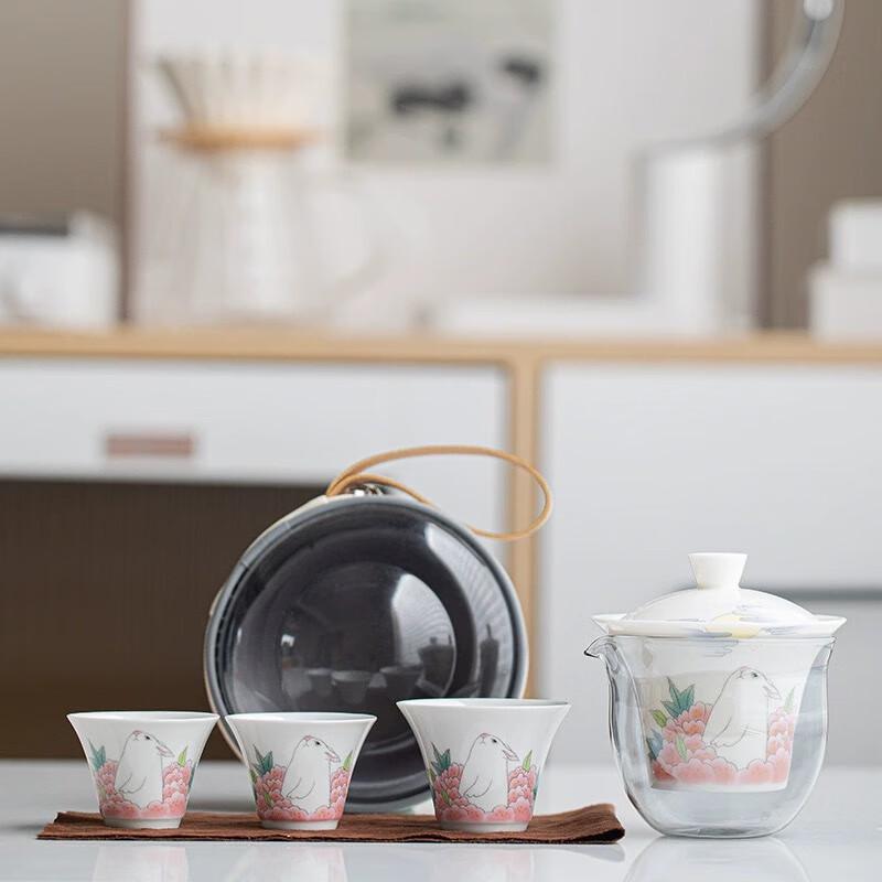 Jade Rabbit Ceramic Travel Tea Set One Teapot, Three Cups