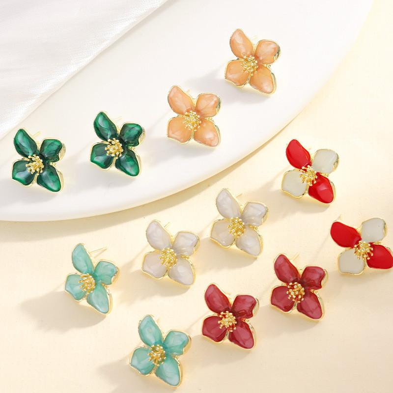Pinkdudu Vintage Hibiscus Stud Earrings for Women Red Drop Glaze 3D Floral Earrings French Style Jewelry PD2323
