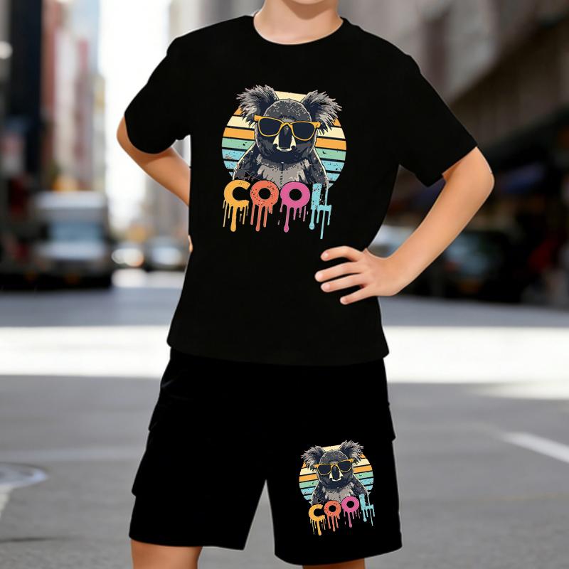 

Boys 2 Piece Cartoon koala printed Outfit, Short Sleeve T-Shirt and Shorts Set for Kids Age 5-14,Black and White Sporty Casual Summer Clothes 5-6 Years чёрный