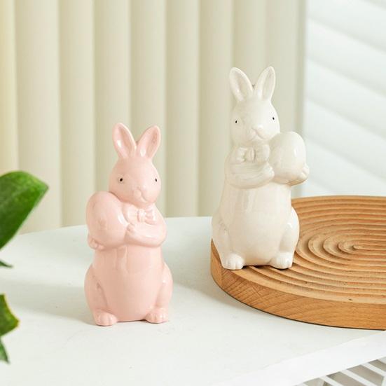 Easter Holding Egg Rabbit Figurine Ceramics Bow Tie Bunny Statue Sculpture Spring Easter Holiday Party