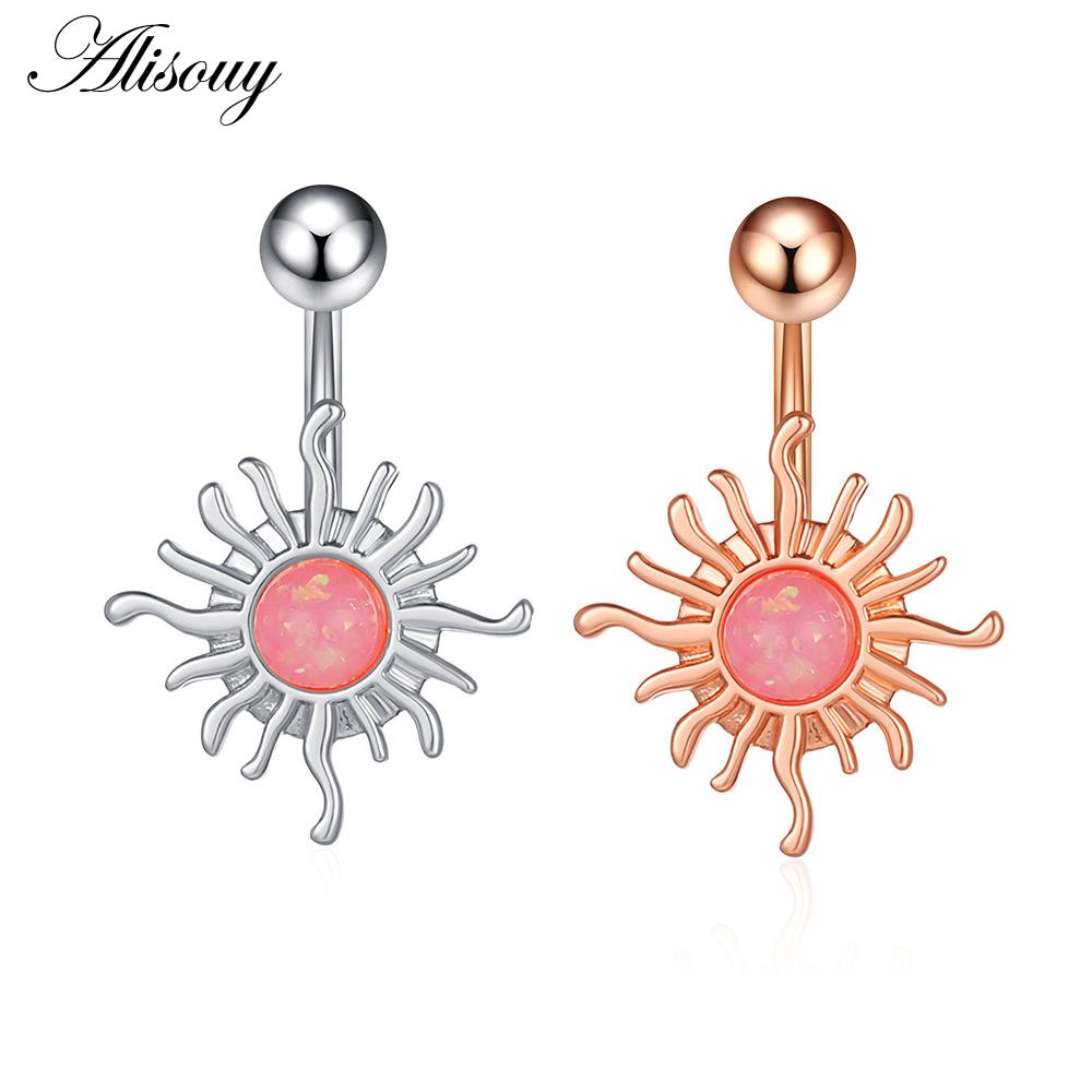 Alisouy 1pc Zircon Sexy Long Belly Ring Star Sun Moon Heart Navel Piercing Surgical Steel Women Belly Button Ring Navel Jewelry