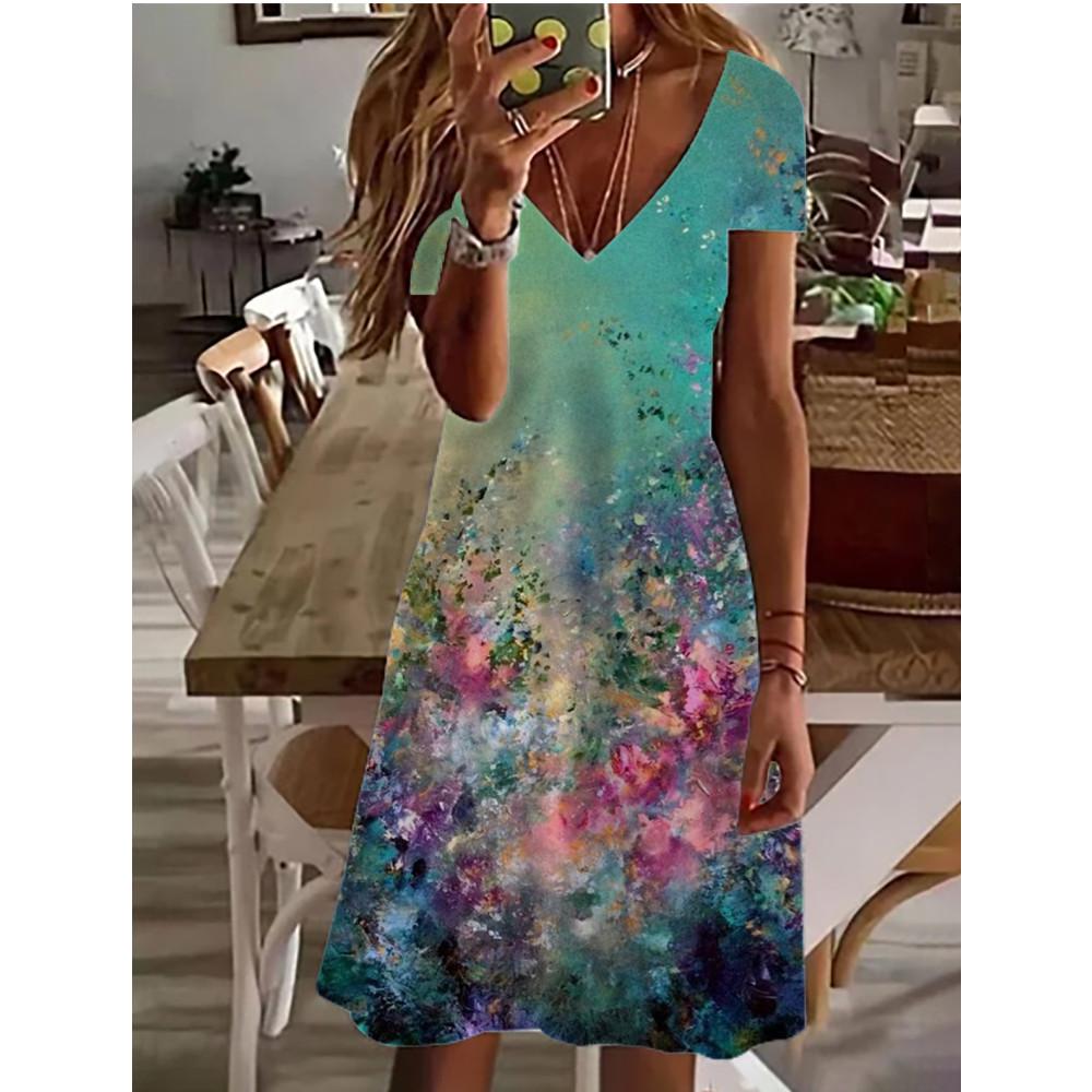 

Женское платье миди с короткими рукавами. Последняя летняя коллекция 2024 года. Женские модные платья с V-образным вырезом и милым цветочным принтом. 8XL