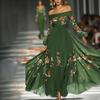 Robe Maxi Longue Vert Foncé à Manches Longues et Décolleté Bardot à Motifs Floraux